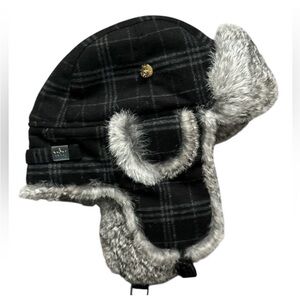 Fur Winter Trapper Hat with Rabbit Fur Trim-plaid OS